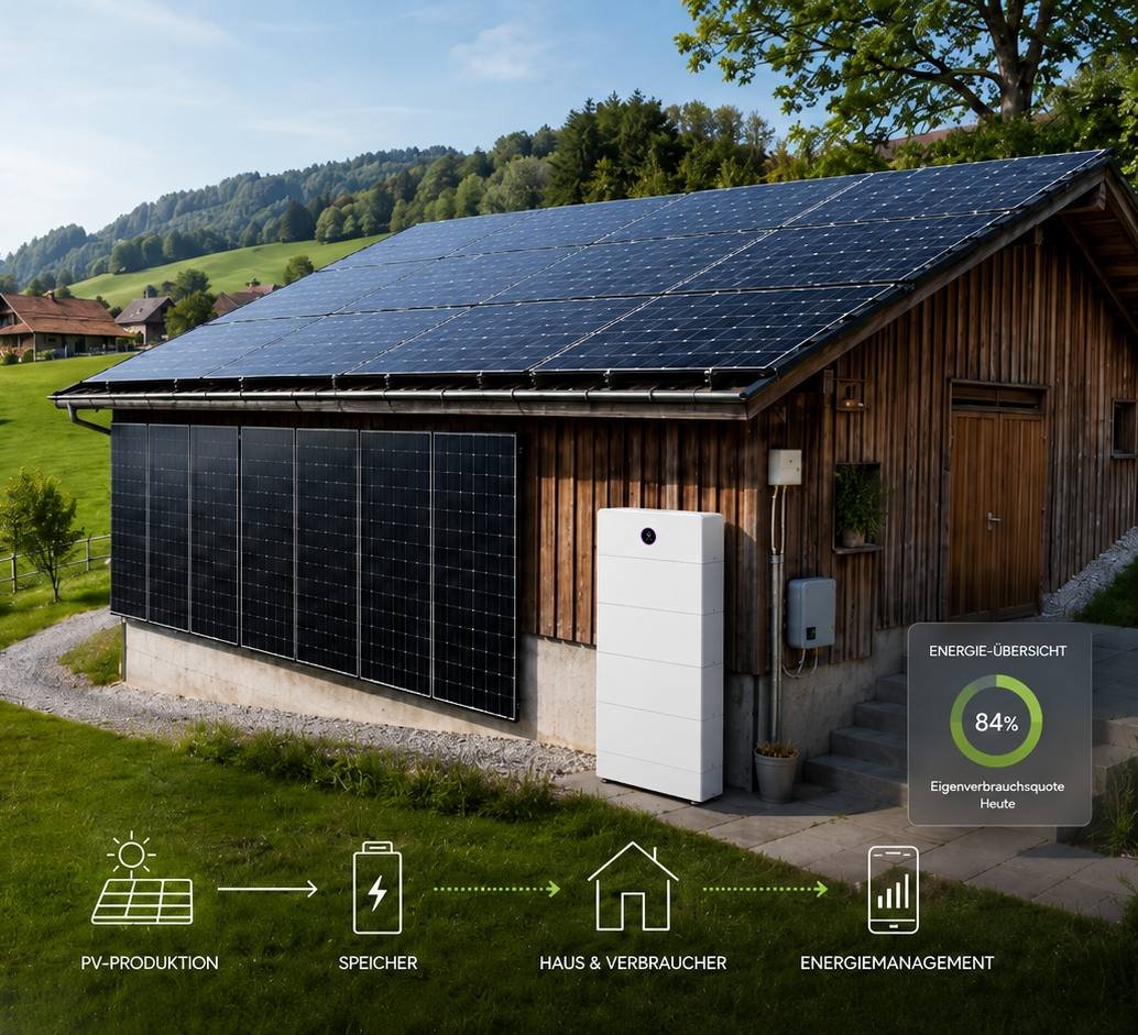 Batteriespeicher und Eigenverbrauchsoptimierung an einem Landwirtschaftsgebäude